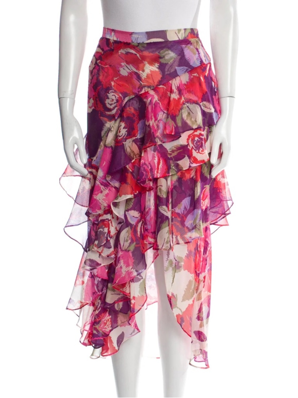 Misa Los Angeles Pink and Purple Floral Asymmetrical Ruffle Skirt